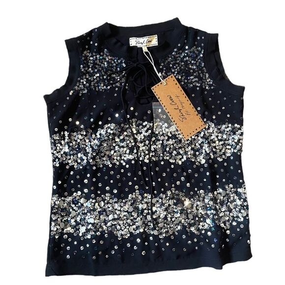 Sheryl Crow Black Sleeveless Lace Up Top with Silver Sequin  Embellishments - Picture 1 of 11